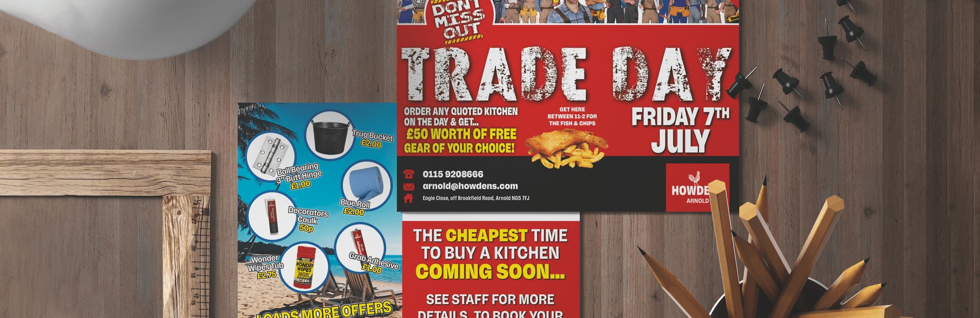 A selection of promotional banners, posters and leaflets
